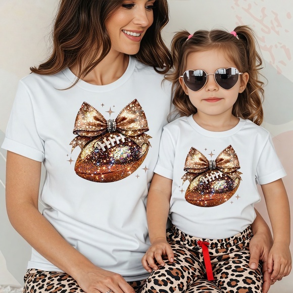 ๐ Sparkle & Spike: Gold Glitter Football Bow t-shirt. Touch down game ready - Picture 11 of 15
